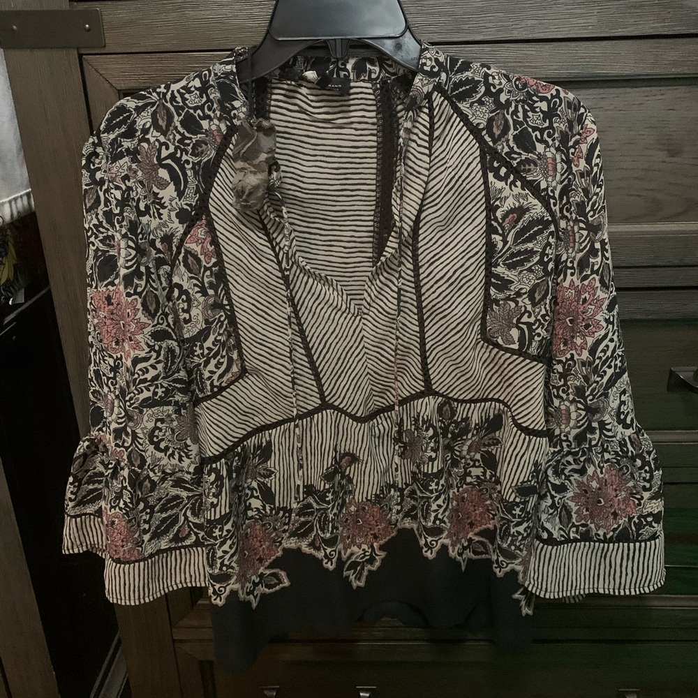 Boho Floral Stripe Mixed-Print Women’s Top - Black, Cream & Pink